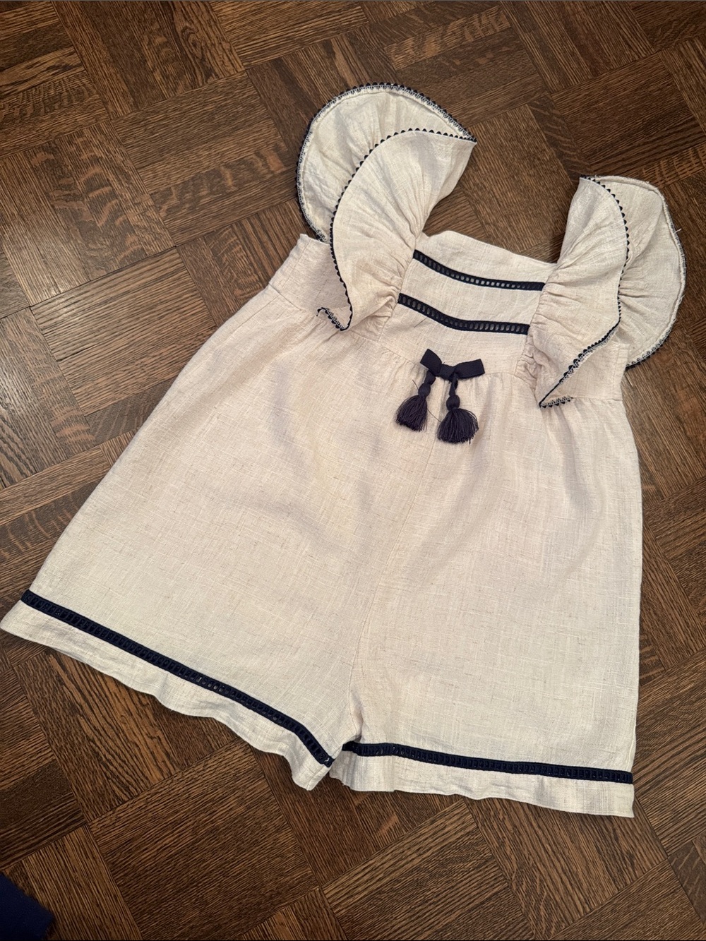 Mayoral Baby Girl Romper beige & Navy Trim and Tassels size 36 months
